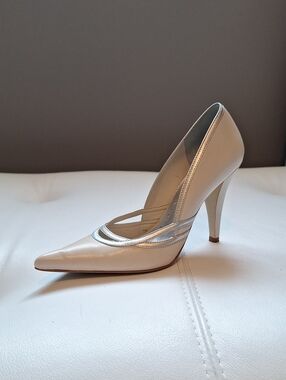 BCBGirls Cream Pumps with Silver Metallic Trim